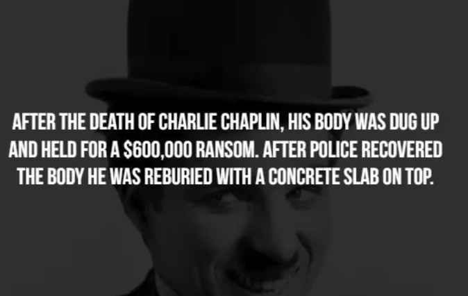 TCWTMedia's tweet image. 🎩💀 Terrifying Thursday Fact! 💀🎩
Did you know that Charlie Chaplin's body was once dug up in an attempted ransom scheme? 😱 In 1978, his grave in Switzerland was disturbed, and his body was stolen with demands for ransom.  🌍💰
 #TerrifyingThursday #CharlieChaplin