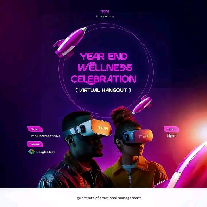 ITEM_NG's tweet photo. Our Virtual hangout is tomorrow!

You're invited to join our fun and relaxing Year-End Wellness Celebration, a virtual hangout you won't want to miss. 
Here are the details:

Date: 13th December 2024
Time: 8 PM
Venue: Google Meet
Here's the link to join: [https://t.co/4yBkMexSEH] https://t.co/45NgTjOd4q