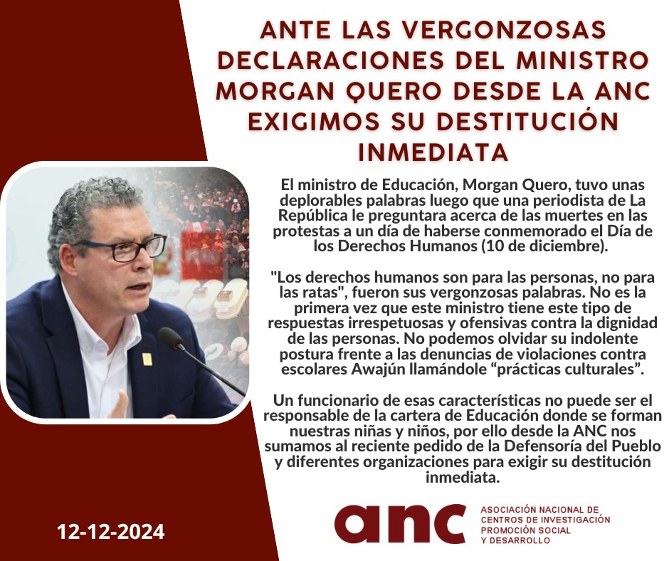 Una vez más, el ministro de Educación, Morgan Quero, demuestra su desprecio y discriminación. Ahora, agredió a las víctimas y familiares de las protestas de hace dos años calificándolas de “ratas”. Un funcionario de esas características no puede seguir en la cartera.