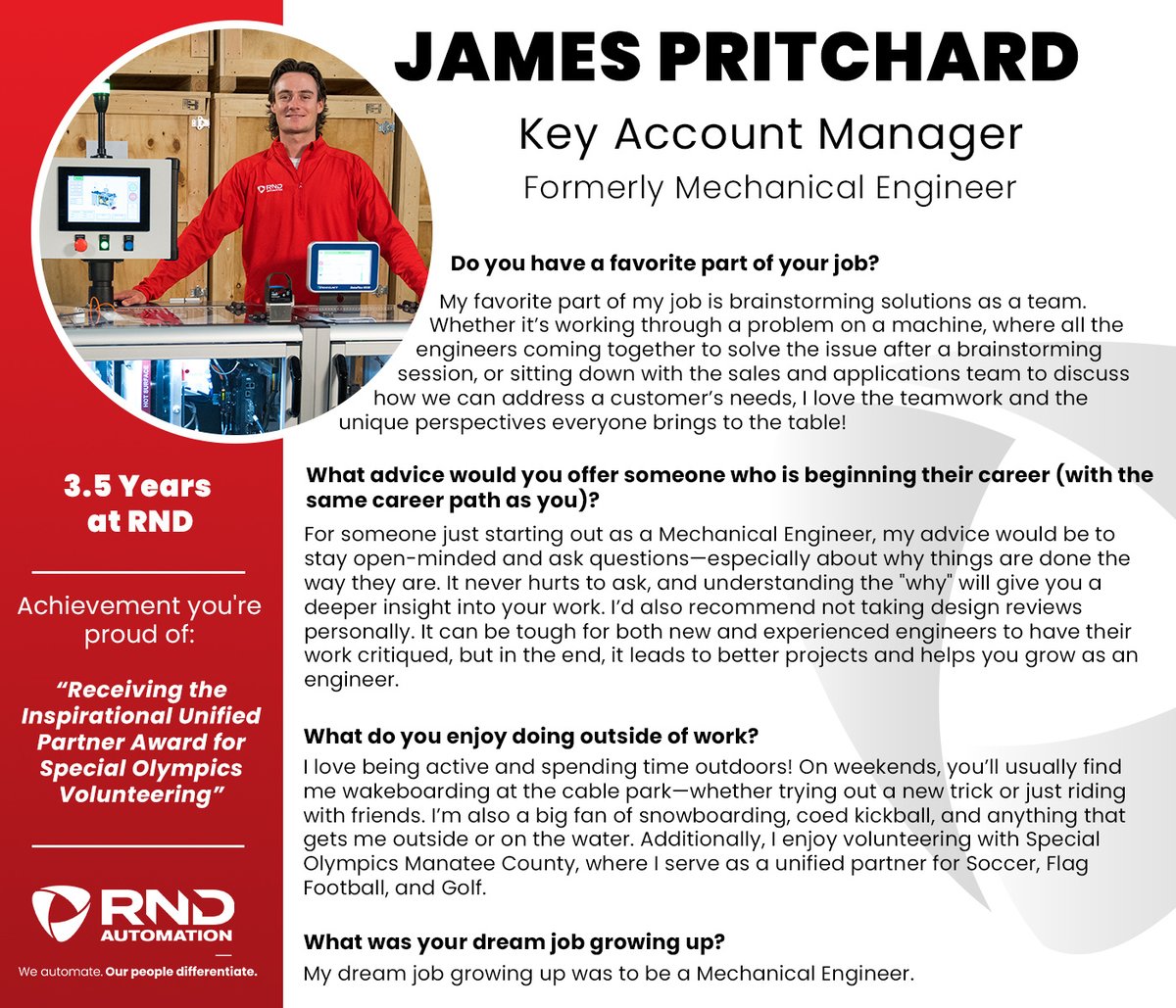 RNDAutomation's tweet photo. We are proud to spotlight James Pritchard, who has been an integral part of RND Automation for the past 3.5 years. Recently, James transitioned from Mechanical Engineer to Key Account Manager.

We look forward to his continued contributions and success in this new role! https://t.co/WiL1xgVMae
