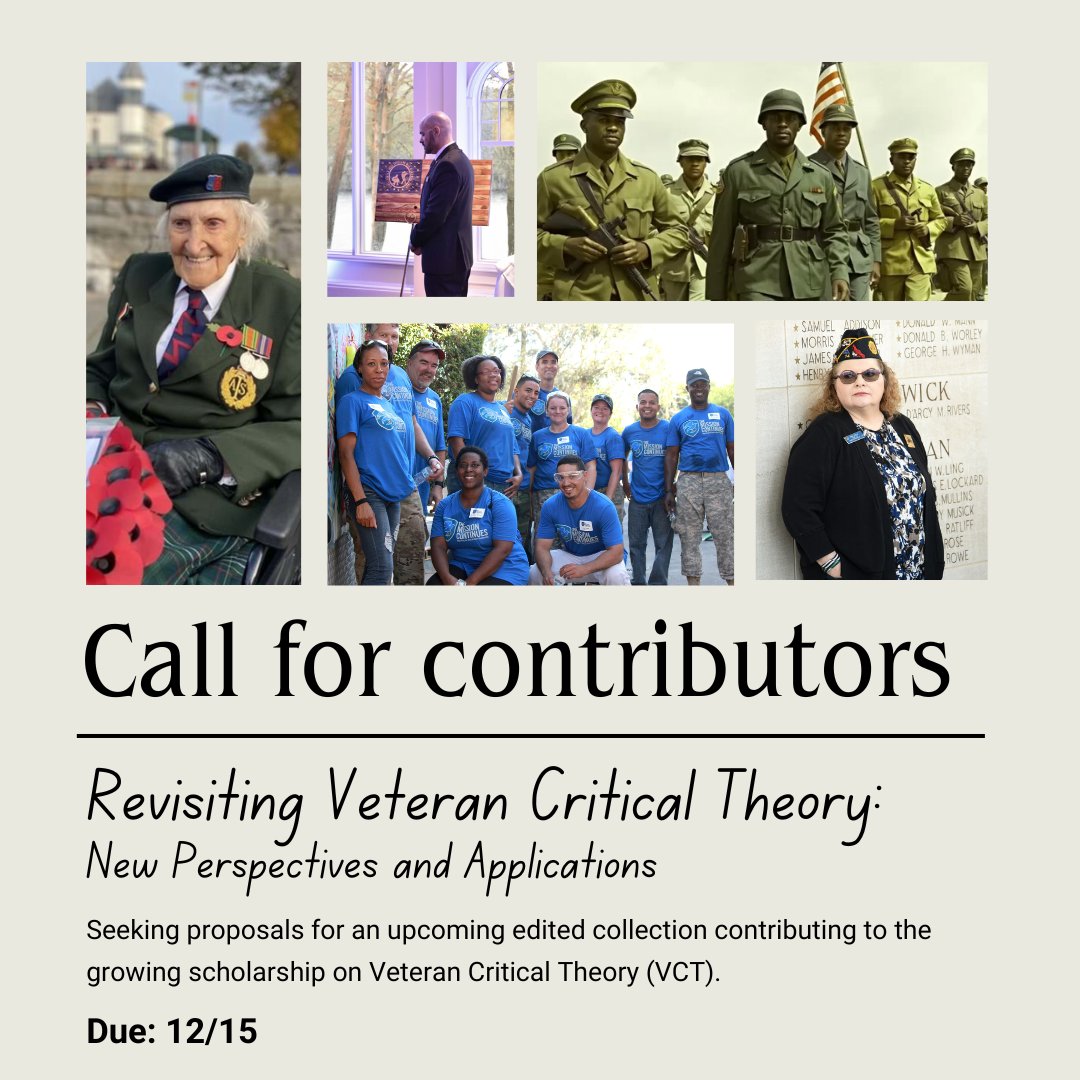 Deadline approaching! Drs. Sharon Young and Glenn Phillips are seeking chapter proposals for an edited collection tentatively titled, "Revisiting Veteran Critical Theory: New Perspectives and Applications." to contribute to the scholarship on Veteran Critical Theory (VCT) - 1/3