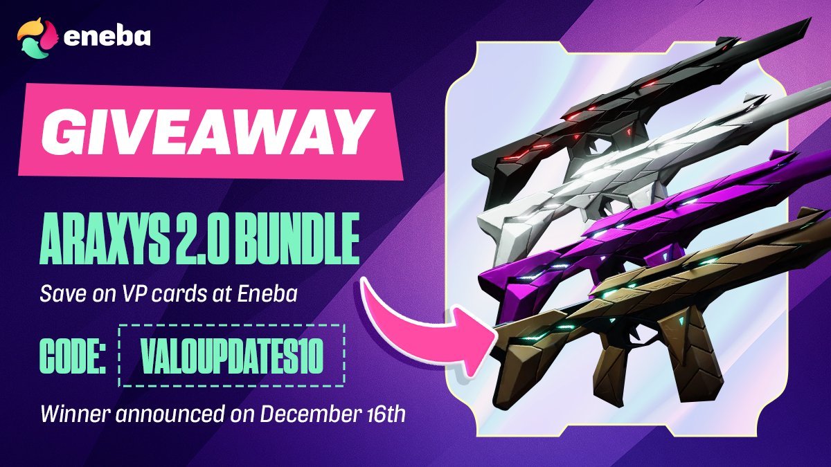 ValorantUpdated's tweet image. 🚨 NEW GIVEAWAY: ARAXYS 2.0 BUNDLE 🚨

To enter the giveaway, you must:

1. Follow us and @eneba_games
2. Like and Retweet
3. Visit the links in the comments

Even if you do not win, you can still save on VP cards by using code VALOUPDATES10 at Eneba!
