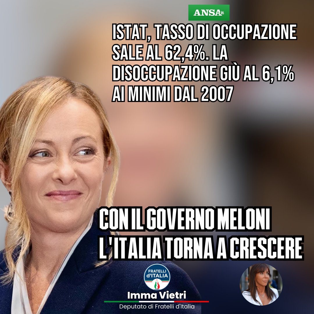 Grazie alle politiche del #governomeloni si è intrapresa finalmente la strada giusta per rilanciare concretamente la crescita economica ed occupazionale della nostra Nazione. 
Gli italiani, al contrario di quanto sostiene #Schlein, ne sono pienamente consapevoli.
#fratelliditalia