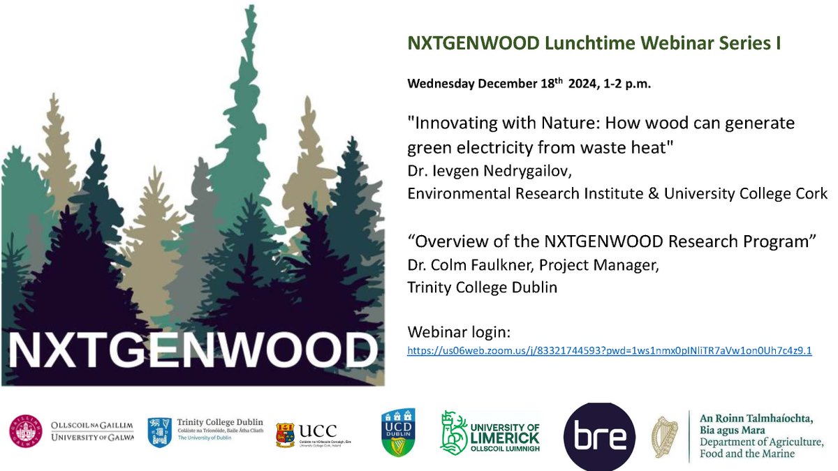 NXTGENWOOD Lunchtime Webinar I, 18/12/2024, 1-2 p.m.

Learn about how wood can generate green electricity from waste heat via <a href="/n_ievgen/">Ievgen Nedrygailov</a> [<a href="/eriucc/">Sustainability Institute</a> &amp; <a href="/TranslateEnergy/">TRANSLATE</a>] and get an overview of the NXTGENWOOD project.

us06web.zoom.us/j/83321744593?…