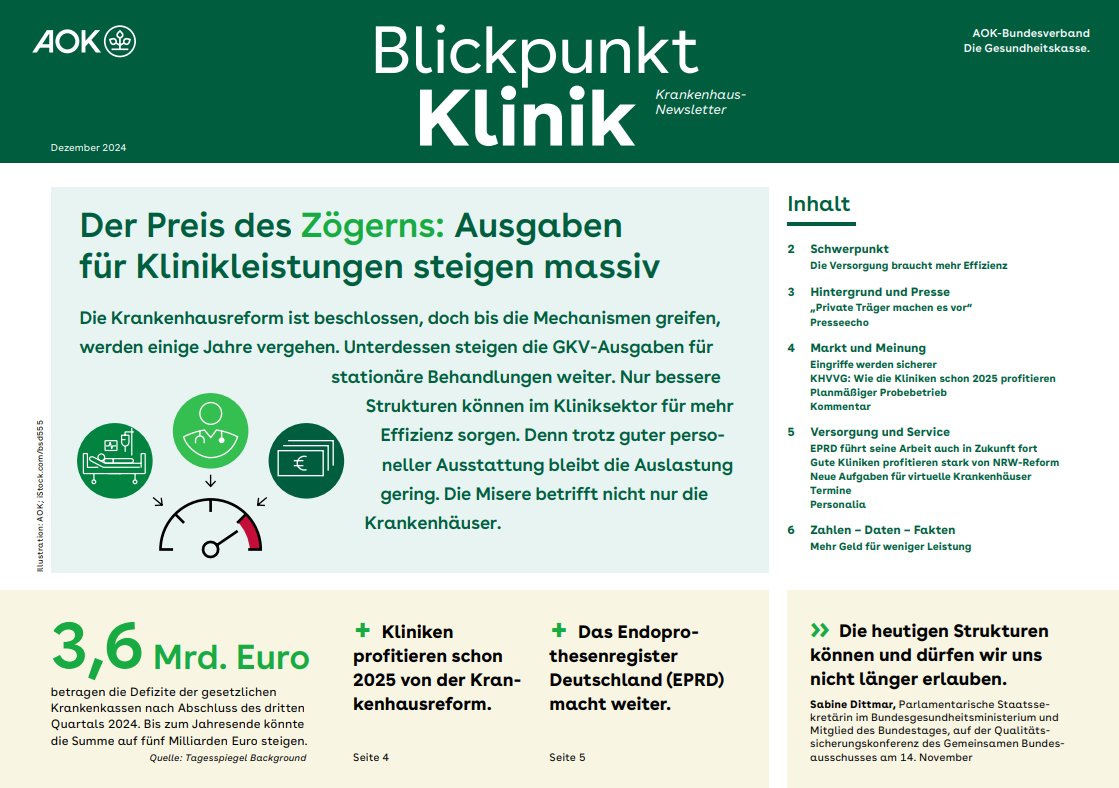 AOK_Politik's tweet photo. Heute ist das Gesetz zur #Krankenhausreform (#KHVVG) in Kraft getreten - aber damit fängt die Arbeit an besseren Strukturen erst an.  Die #Krankenhaus-Versorgung braucht dringend mehr Effizienz, zeigt unser aktueller Newsletter "Blickpunkt Klinik": https://t.co/HDnB7LN1gF https://t.co/HcmOuamfhZ