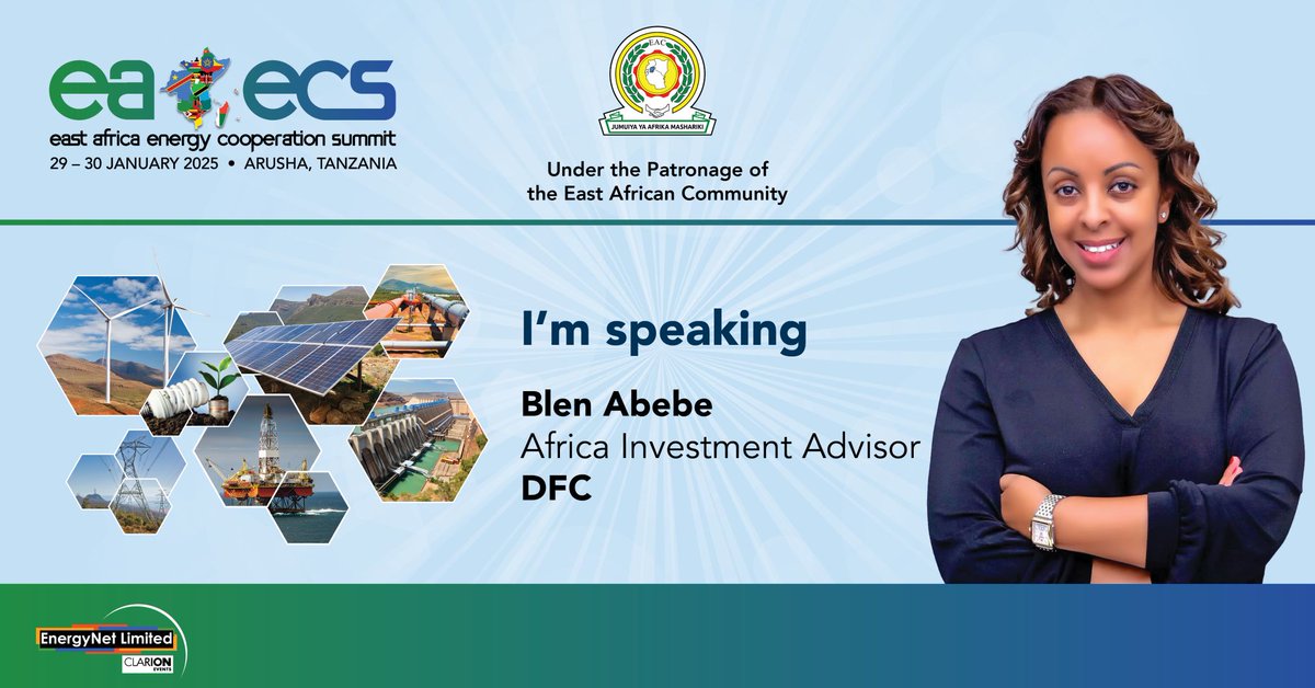 We are delighted to announce Blen Abebe, Africa Investment Advisor, <a href="/DFCgov/">DFCgov</a> as our Distinguished Speaker to the East Africa Energy Cooperation Summit #EAECS25 in📍Arusha, Tanzania📅29-30 January 2025
 
Agenda &gt;&gt; bit.ly/3D8lYgC
