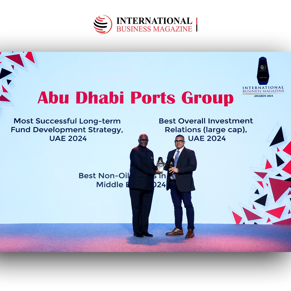 ibmag_magazine's tweet image. Abu Dhabi Ports Group has won the award title of ‘Most Successful Long-term Fund Development Strategy, UAE 2024’ at the International Business Magazine Award Event held on December 7, 2024 at Atlantis, The Palm, Dubai.
@ADPortsGroup 
#Ibmag2024 #Awardwinner #funddevelopment