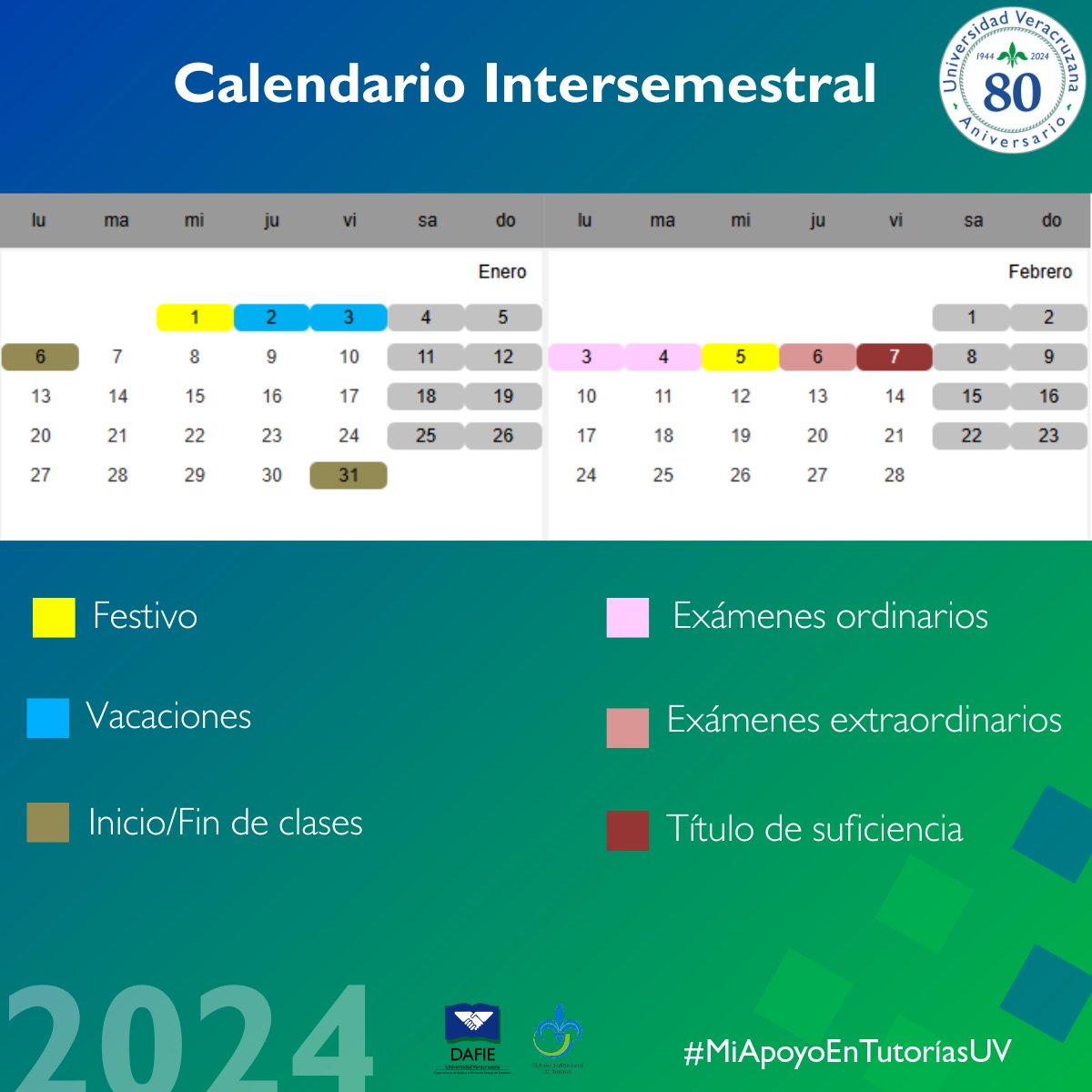 #EstudianteUV 

Te compartimos el calendario del intersemestral de invierno enero 2025, para que puedas estar al pendiente de las fechas importantes de este periodo. 📅📅