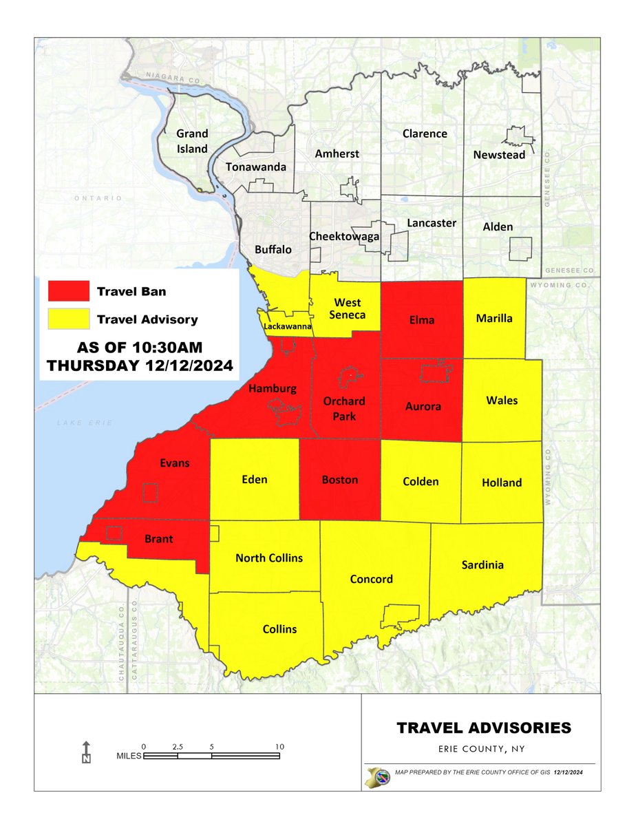 12/12 -10:30 a.m. - Travel Ban in Towns of Aurora, Boston, Brant, Elma, Evans, Hamburg, Orchard Park &amp; inclusive villages. 
Travel advisories: South half of City of Buffalo, Lackawanna, West Seneca, Marilla, Holland, Wales, Colden, Concord, Eden, North Collins, Collins, Sardinia.