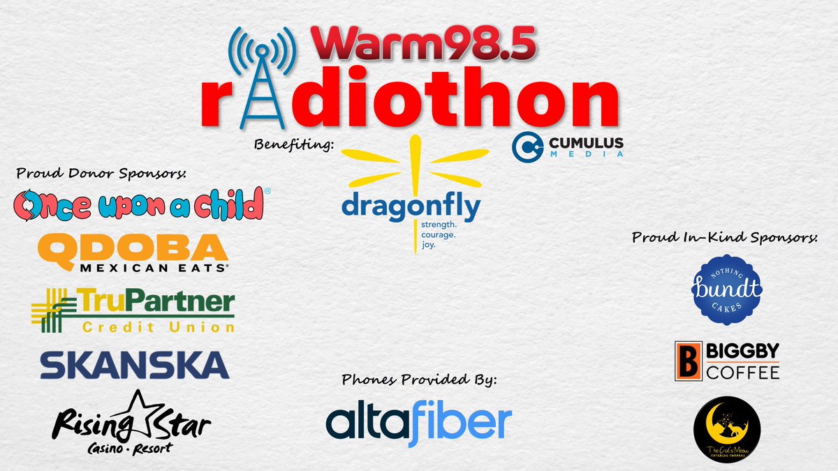 Warm 98.5 - 80s 90s NOW! (@warm985) on Twitter photo A special thanks to our Warm 98.5 Radiothon benefiting <a href="/DragonflyCinci/">The Dragonfly Foundation</a> sponsors. Without them, this wouldn't be possible.
To make a donation...
Call: 513-683-8111
or
Text: JOY2024 to 91999 A special thanks to our Warm 98.5 Radiothon benefiting <a href="/DragonflyCinci/">The Dragonfly Foundation</a> sponsors. Without them, this wouldn't be possible.
To make a donation...
Call: 513-683-8111
or
Text: JOY2024 to 91999