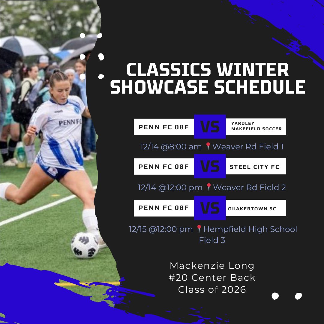 Mackenzie Long (@kenzie_long20) on Twitter photo After having a great weekend in Raleigh, this weekend my team and I will be playing in the Classics Winter Showcase. I can’t wait to compete and show my skill! See schedule below.
<a href="/PennFCYouth/">PennFC Youth</a> <a href="/ImCollegeSoccer/">College Soccer Truth ™</a> <a href="/PrepSoccer/">Prep Soccer ⚽️</a> <a href="/TopDrawerSoccer/">TopDrawerSoccer</a>
<a href="/SURamsWSoccer/">Shepherd Women’s Soccer</a> After having a great weekend in Raleigh, this weekend my team and I will be playing in the Classics Winter Showcase. I can’t wait to compete and show my skill! See schedule below.
<a href="/PennFCYouth/">PennFC Youth</a> <a href="/ImCollegeSoccer/">College Soccer Truth ™</a> <a href="/PrepSoccer/">Prep Soccer ⚽️</a> <a href="/TopDrawerSoccer/">TopDrawerSoccer</a>
<a href="/SURamsWSoccer/">Shepherd Women’s Soccer</a>