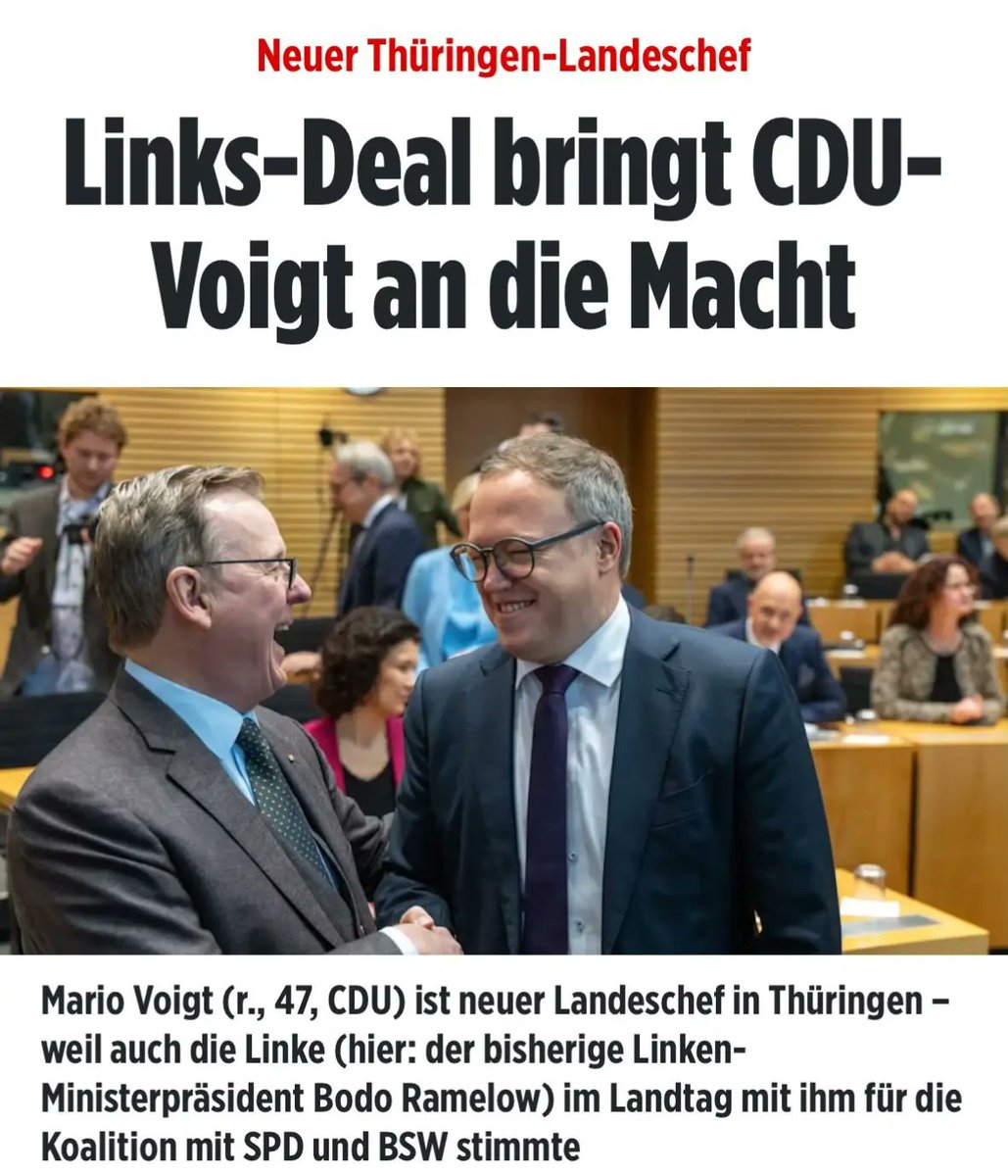 <a href="/_FriedrichMerz/">Friedrich Merz</a> <a href="/mariovoigt/">Mario Voigt</a> <a href="/CDU/">CDU Deutschlands</a> So sieht also die #unvereinbarkeit zu links der #CDU aus, sehr Konservativ und niewieder linke Politik😁👍

#HauptsacheMacht alles andere ist egal, der Wählerwille und überhaupt der Wähler 😉👍