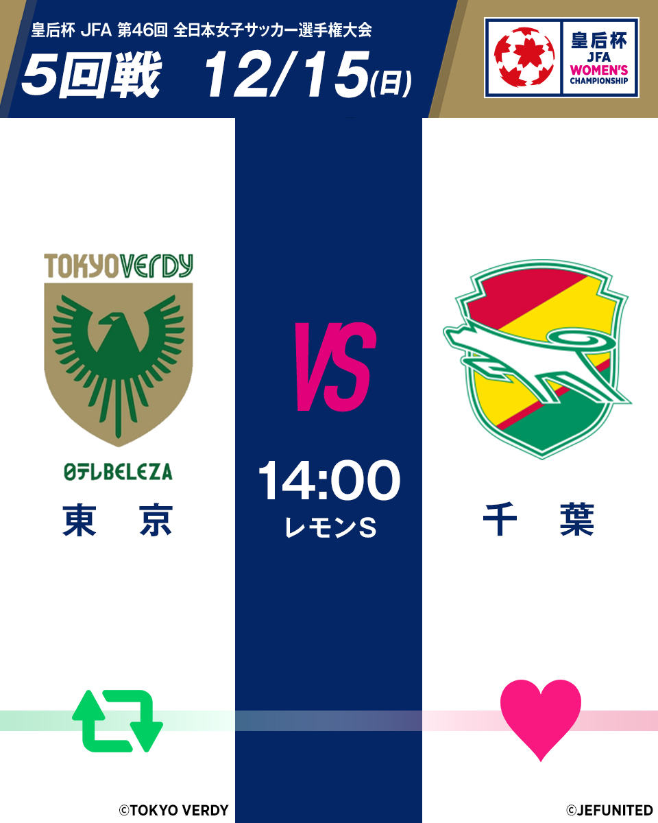 🏆第46回 皇后杯🏆

WEリーグチームが登場!!⚽

⚔️5回戦⚔️
#日テレ・東京ベレーザ vs #ジェフ千葉レディース
🗓️12/15(日)🕑14:00
🏟レモンガススタジアム平塚

🔁東京が勝つと思う人はリポスト
❤️千葉が勝つと思う人はいいね

試合情報はこちら⏬
jfa.jp/match/empresss…

#jfa #皇后杯
#nadeshiko