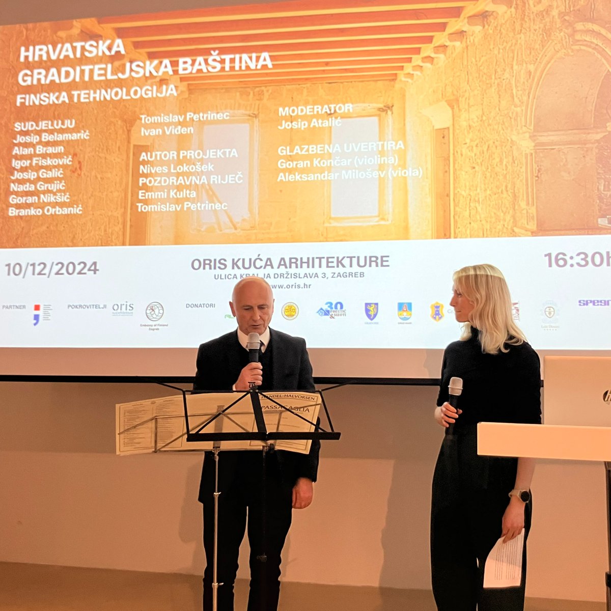 FinEmbCroatia's tweet photo. Tomislav Petrinec @min_kulture_hr & Emmi Kulta opened the event "Croatian architectural heritage - Finnish technology" to honor the late Croatian architect Egon Lokošek (1948-2017) who widely used 🇫🇮 #Kerto wood in the reconstruction of many historically valuable buildings in 🇭🇷. https://t.co/xmtNFIPjFm