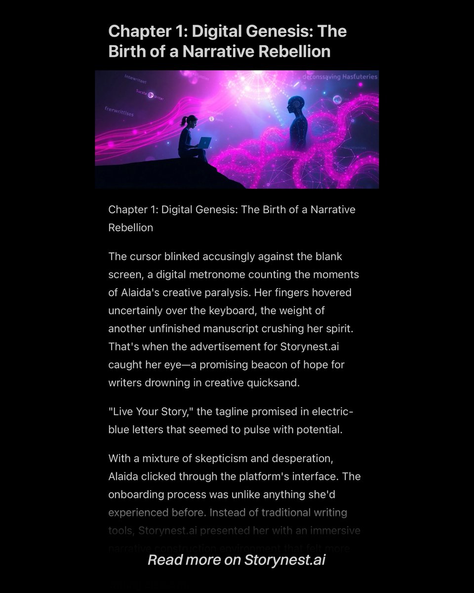 StorynestAI's tweet photo. ✨📚 What happens when an AI writes its own story? 🌐🤖

We put https://t.co/xjW8HVhsbn to the ultimate test: crafting a narrative about itself! The result? A mind-blowing experience that showcases the revolutionary power of AI in transforming storytelling. From real-time character chats to dynamic plot twists, the possibilities are endless.

Curious about the future of interactive storytelling? Dive into this compelling narrative: https://t.co/sIWzmCT8XX

#StorynestAI #InteractiveStorytelling #AI #CreativeWriting #ReadStoriesFree