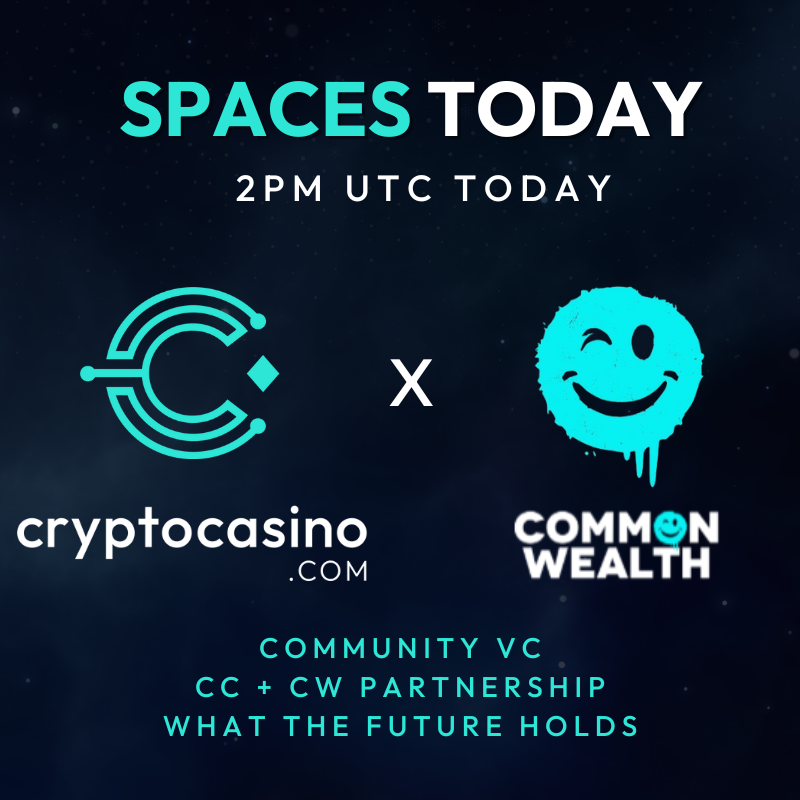 CryptoCasino's tweet photo. 📢Join our Spaces with @joincommonwlth Today at 2pm UTC

We'll be discussing our recent partnership, community VCs, what's next for https://t.co/yj9zW2wUkK and more!

Tune in👇
https://t.co/AO5WDoSbP0 https://t.co/gTVa4oSyUr