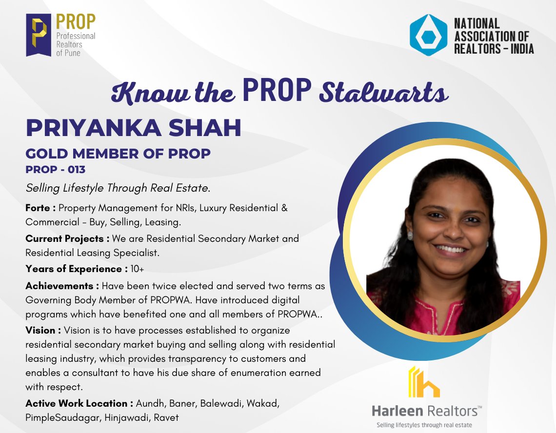 realtors_of's tweet photo. Know The PROP Stalwart - Priyanka Shah
.
.
.
#PROPAssociation #PROPWA #propian #narindia #credai #credainational #naredco #mchi #pune #Property #propertyinvestment #india #PeoplesChoice #nar #realtors #realtorsassociation #maharera #narindia #founder #chairman #training https://t.co/muT8zEC1Gg