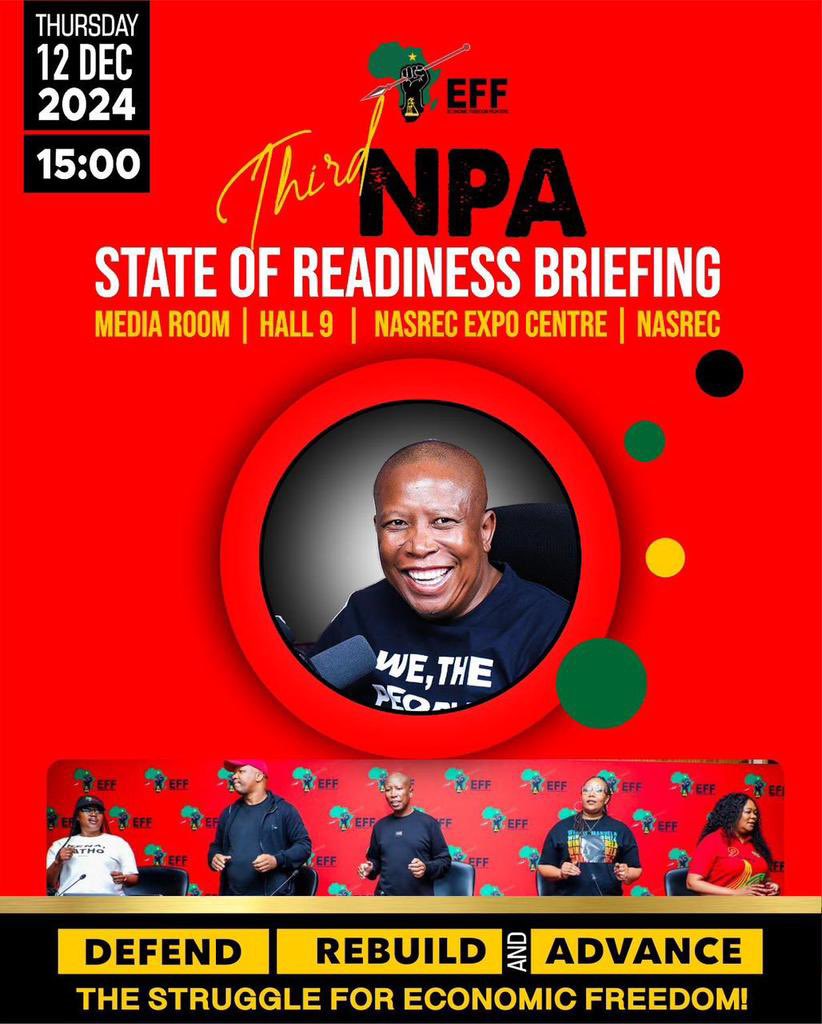 President <a href="/Julius_S_Malema/">Julius Sello Malema</a> will register for the EFF 3rd NPA at 14h30 and then at 15h00, he together with the officials, will brief the media on the State Of Readiness. #EFFNPA2024