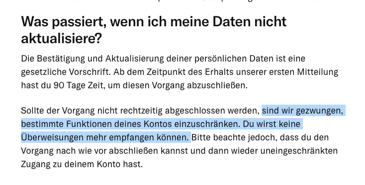 Absolut befremdlich, wie <a href="/n26/">N26</a> die möglicherweise rechtlich notwendige Bestätigung meiner Daten benutzt, um weitere Informationen von mir zu bekommen. Die Fragen lassen sich nicht überspringen.