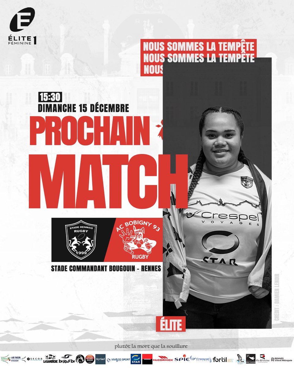 Élite : Stade Rennais Rugby x AC Bobigny 93⛈️

Après le bonus défensif obtenu à Blagnac, nos Rouge et Noir veulent confirmer leur montée en puissance face à Bobigny. ❤️🖤

🗓️ Dimanche 15 Décembre
🏟️ Stade Commandant Bougouin 
⏰ Coup d’envoi 15h30