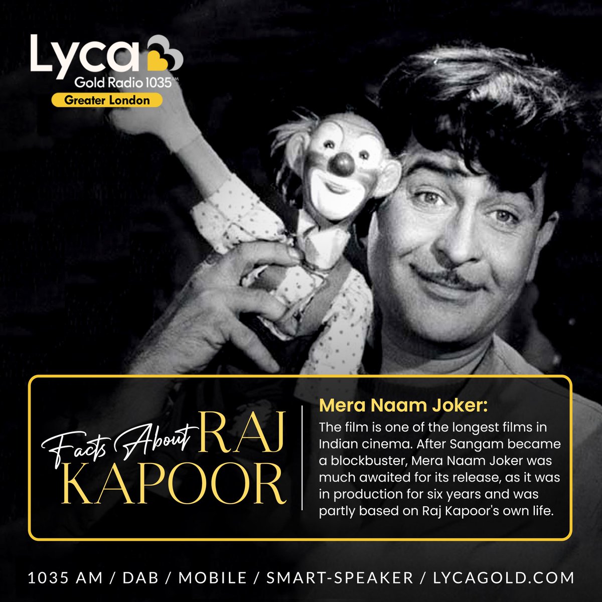 Raj Kapoor Week to celebrate the 100th Birth Anniversary of the legend 

Listen from 9th to 15th December exclusively on #LycaGold - the UK’s first &amp; only retro Asian music station. 

#LycaGold #LycaRadioNetwork #RajKapoor #OldIsGold #rajkapoorsongs #rajkapoortheshowman