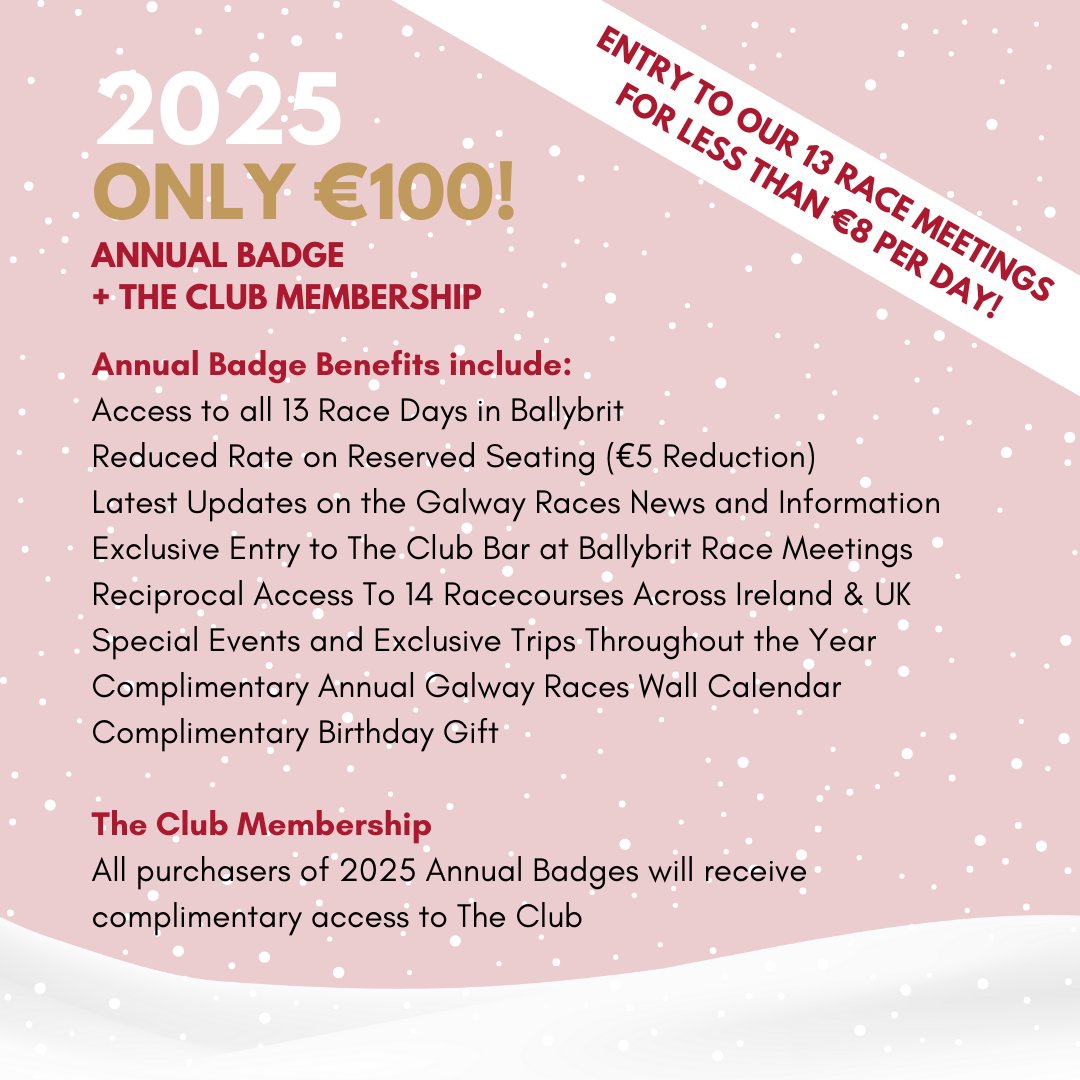 🎉🏇 COMPETITION TIME! 🏇🎉

This festive season, we’ve got an unmissable deal just for you! 🎅✨

🎁 Our 2025 Annual Badge + Club Membership is the perfect Christmas gift for just €100! 🎟️🔥

We’re giving you the chance to WIN 2 x 2025 Annual Badge + Club Memberships to the