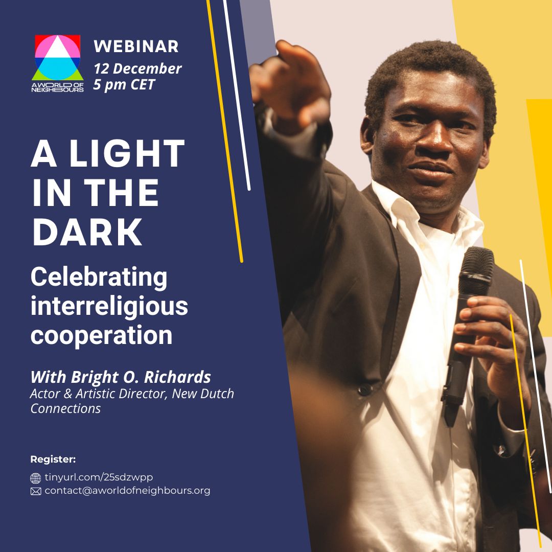 awon_program's tweet image. On 12 December, join us for a celebration of interreligious cooperation, both outside and inside our Network 🎈

We will hear from Bright O. Richards, actor and Artistic Director of New Dutch Connections, himself a refugee. 

Register to attend: buff.ly/49tBpvR