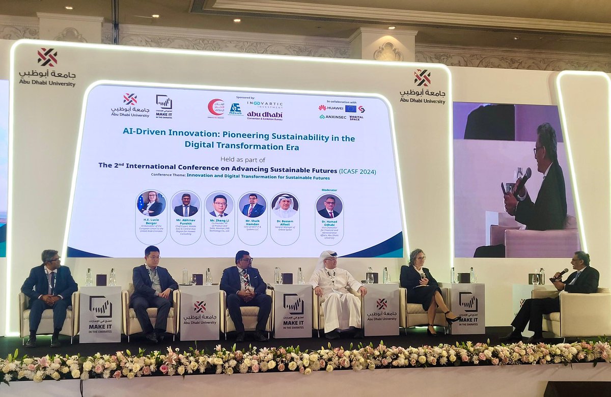 BergerLucie's tweet photo. Great panel discussion at #ICASF Conference in Abu Dhabi. AI is revolutionizing sustainability by optimising planning, boosting renewables, cutting cost & driving innovation. The 🇪🇺-funded Digital4Development Hubs are prime example of supporting AI innovations in Africa&elsewhere https://t.co/8RYJHpSKik