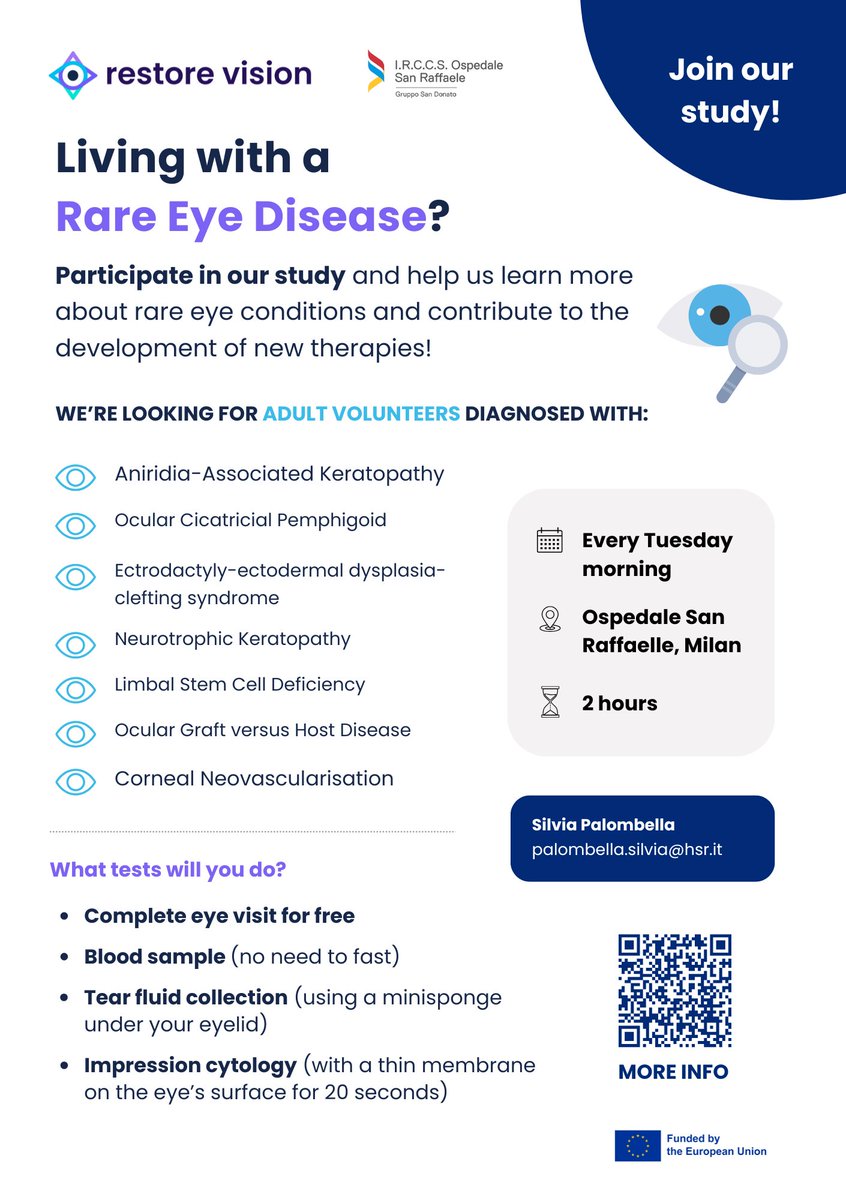 👁️🔬 Looking for Patients with Rare Eye Diseases!
Join the Restore Vision study at Ospedale San Raffaele to help us better understand these conditions and contribute to future therapies 👉 Learn more and enrol: restorevision-project.eu/participate-in…