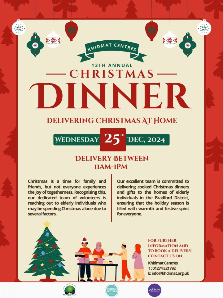 It is that time of year again folks! Do you know somebody who is elderly or vulnerable &amp; will be spending #Christmas alone in Bradford? Would they like to have a hot Christmas Meal served to their door on #ChristmasDay if so, do get in touch with us. Pls do RETWEET. 🎄❄️⛄️