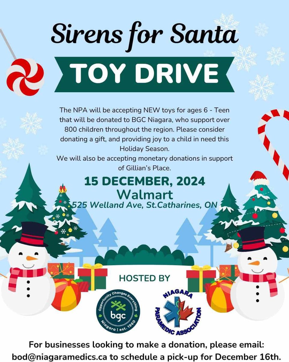 The NPA and Boys and Girls Club of Niagara are teaming up to deliver new toys to kids (age 6 to teens) this Christmas! 🧸🎁🎅🏼

Please consider donating an age appropriate toy or a cash donation to Gillian’s Place December 15th at Walmart on Welland Ave in St Catharine’s 🚑
