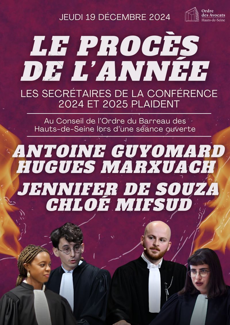 Barreau des Hauts-de-Seine (@barreau92) on Twitter photo Mais à quelle sauce l'année 2024 va être croquée par les Secrétaires de la Conférence du Barreau des Hauts-de-Seine ?🥊 Jeudi 19 décembre à 17h30, à l'occasion du Conseil de l'Ordre ouvert du #Barreau92
<a href="/CLamanit/">Clanet dit Lamanit</a>
<a href="/FabienArakelian/">ARAKELIAN Fabien</a>
📷Le Procès de l'année 2024 Mais à quelle sauce l'année 2024 va être croquée par les Secrétaires de la Conférence du Barreau des Hauts-de-Seine ?🥊 Jeudi 19 décembre à 17h30, à l'occasion du Conseil de l'Ordre ouvert du #Barreau92
<a href="/CLamanit/">Clanet dit Lamanit</a>
<a href="/FabienArakelian/">ARAKELIAN Fabien</a>
📷Le Procès de l'année 2024