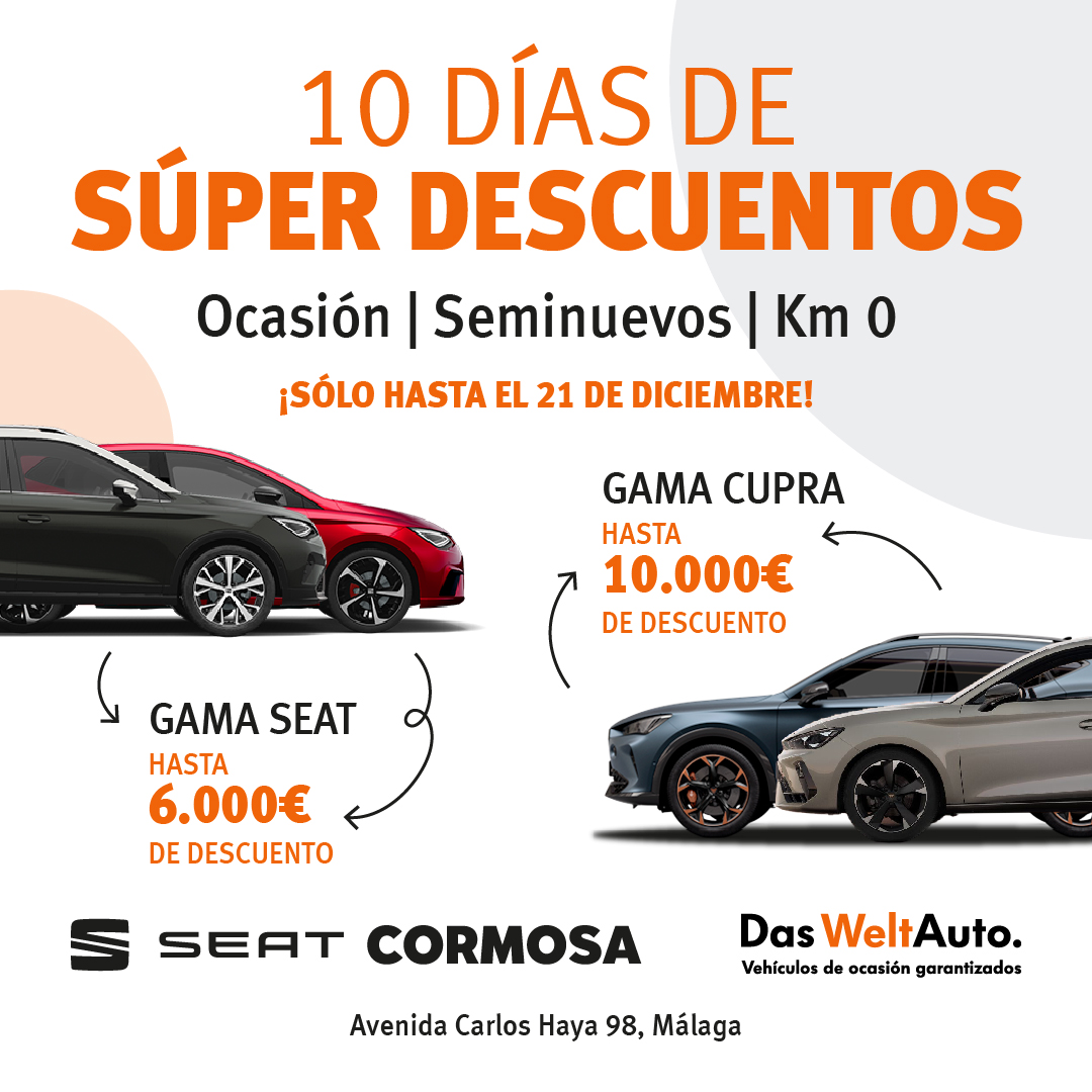 Aprovecha los 🔟 días de Súper Descuentos en #DasWeltAuto hasta el 21 de diciembre.  🚗👌

▪️Vehículos de ocasión, seminuevos o km 0.
▪️Hasta 6.000€ de descuento en modelos de la gama SEAT. 
▪️Con hasta 5 años de garantía.

¡Te esperamos en Av. Carlos Haya, 98!