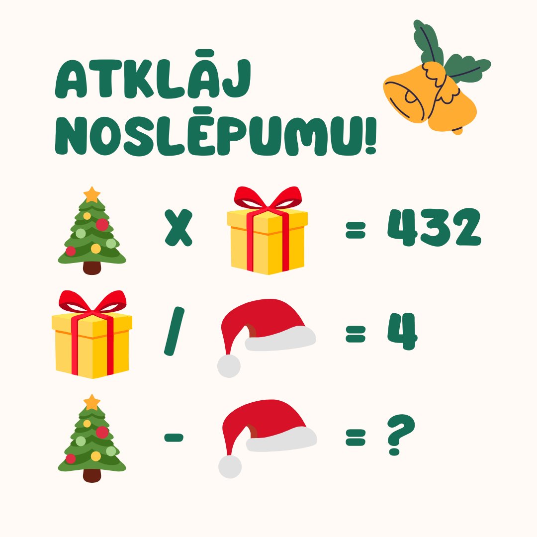 AtlantsLv's tweet photo. Mini, mini, uzmini! 🤓 Ja eglīti reizina ar dāvaniņu, ja dāvaniņu dala ar rūķu cepuri... Ai, viss sajuka. 🙁 Vai palīdzēsi atrast, kāds cipars jāraksta "?" vietā? Un, ko tas varētu nozīmēt? 🤔

#Ziemassvētki #adventeskalendārs #piedalies #atlantslv #atjautībasuzdevums https://t.co/7wJtxNHVtT