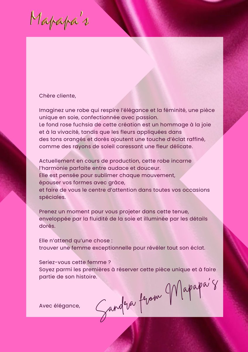 __Mapapas__'s tweet photo. “En cours de création : une robe unique en soie rose fuchsia, ornée de fleurs appliquées orangées et dorées. 
Élégante, lumineuse et féminine, 
elle est pensée pour sublimer chaque instant. 
Réservez-la avant qu’elle ne trouve sa muse ! ✨ 
#Mapapas’ #MadeinRDC #RDC #Kinshasa 🇨🇩 https://t.co/8OSVxwQg4x
