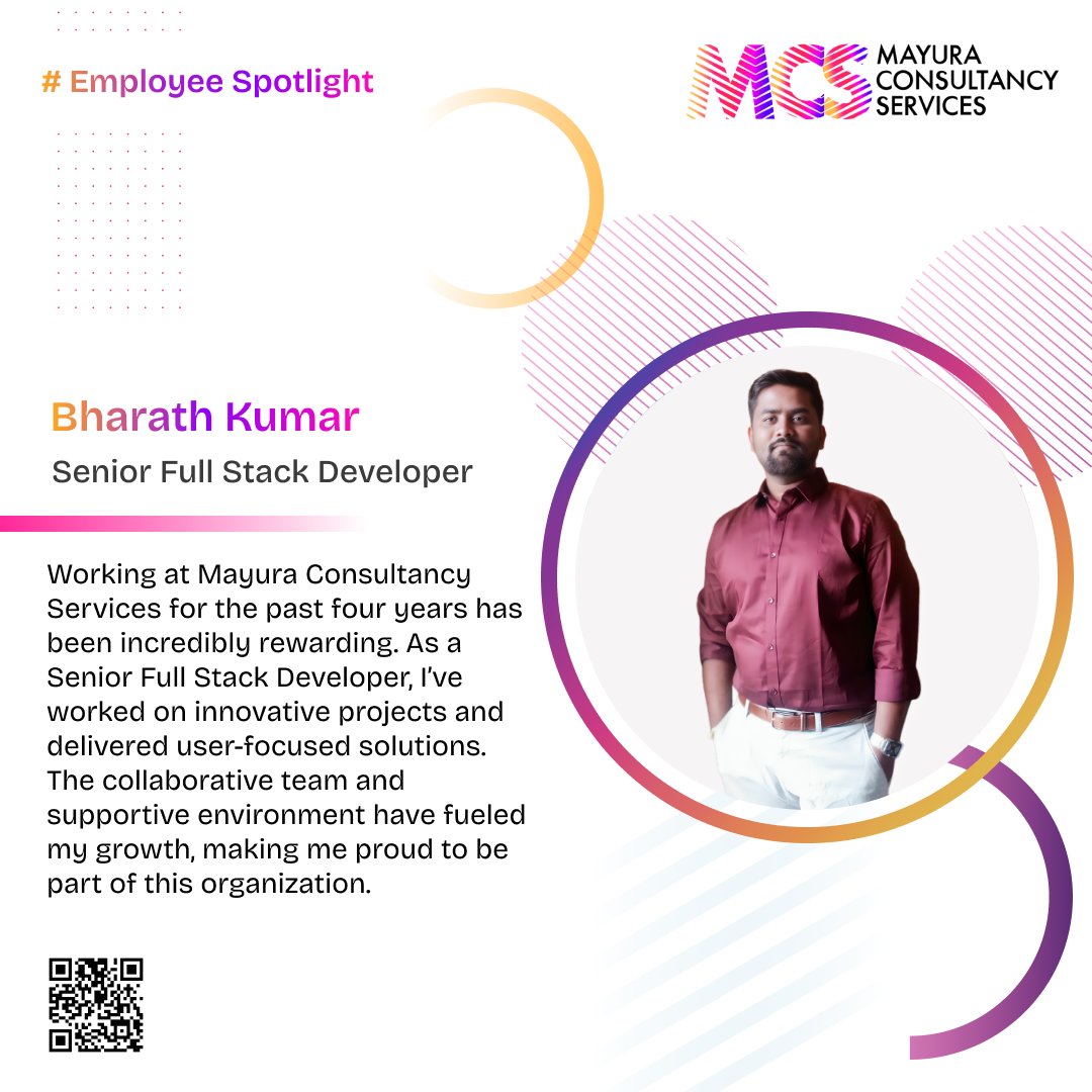 mayura_mcs's tweet image. At Mayura Consultancy Services, we celebrate the passion, perseverance, and progress of our team members.

Today, we bring you Bharath Kumar’s inspiring journey starting as intern to developer to Senior Developer at MCS.

#MayuraConsultancyServices #MCS #TeamMCS #LifeAtMCS