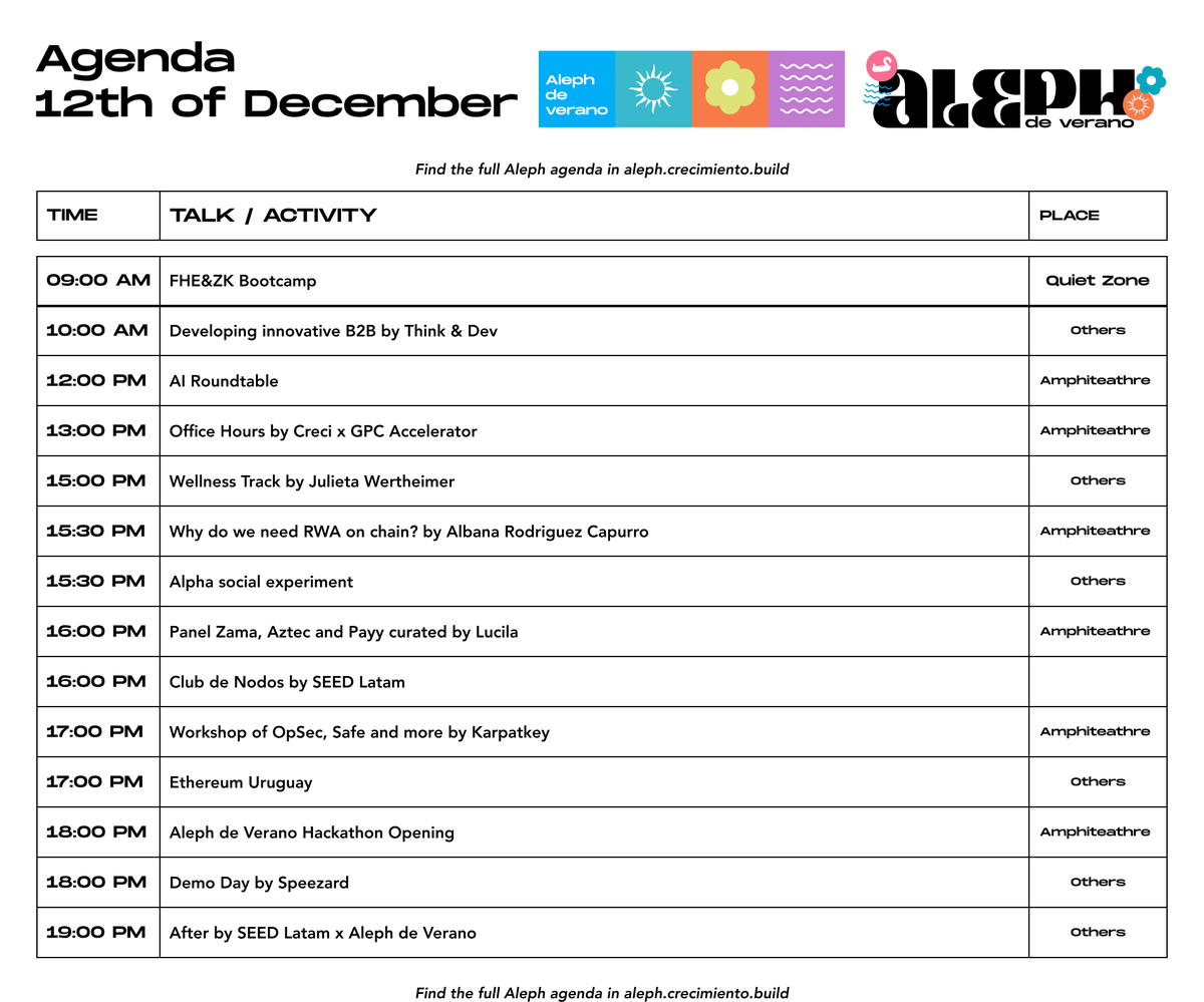 🗓 Don't miss out on what's happening today!
Here's the agenda 👇

☀ In the morning, we will start the FHE&amp;ZK Bootcamp by <a href="/zkcity/">zkCity</a>
⏰ 9-12am

☀ In the afternoon, we will start the amazing talks and panels.
⏰ 3.30pm | Why do we need RWA on chain? by <a href="/albinmrc/">Albinmrc</a> | Amphiteathre
⏰