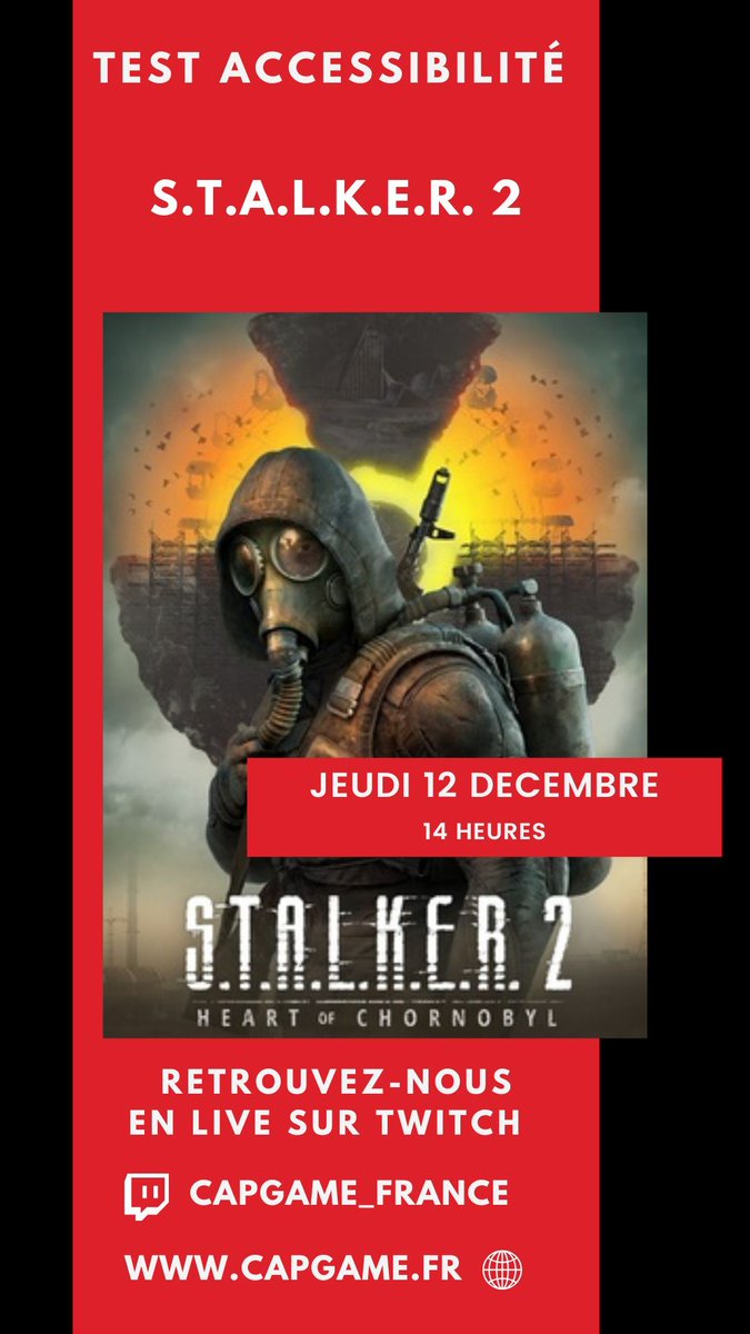 Retrouvez-nous cet après-midi en live pour le test accessibilité  de S.T.A.L.K.E.R 2 avec <a href="/PilarskiTony/">Ivar_Le_Déssosé</a> 

Ca se passe sur notre chaîne Twitch à 14h :
buff.ly/423HqdX 

#TousGamers #TestA11yJV <a href="/GSC_GW/">GSC Game World</a> <a href="/stalker_thegame/">S.T.A.L.K.E.R. OFFICIAL</a>