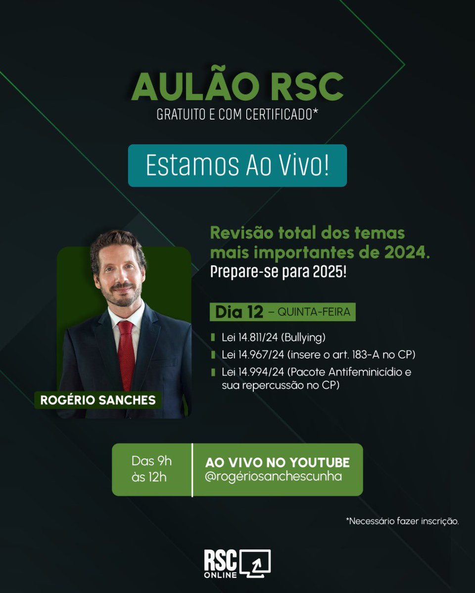 RogerioSanchesC's tweet photo. Estamos ao vivo pelo YouTube! 

Primeiro dia de Aulão RSC 2024! 

Revisão total dos temas importantes de 2024 e apostas para 2025! 

Estaremos juntos até sábado, sempre às 9h! 

#rsc 
#rogeriosanchescunha 
#aulao 
#direitopenal 
#processopenal https://t.co/WnssVtJO6z