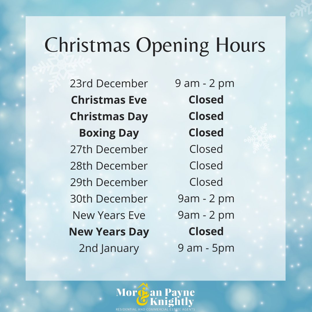 Christmas Opening Hours

Please note for all property management queries, please report them via our Fixflo app!

#PropertyManagement  #lettingsagent #PropertyInvestment #landord