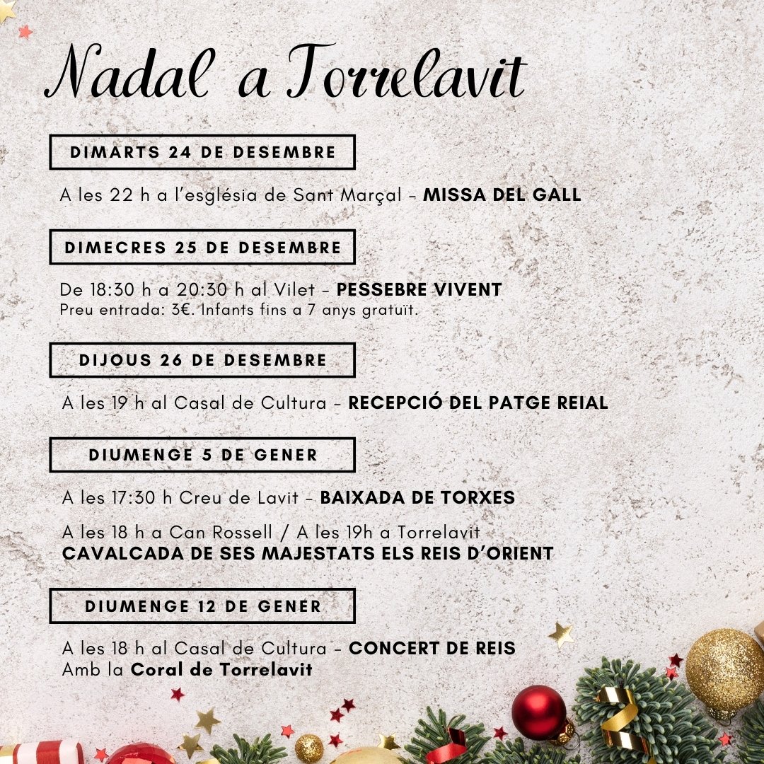 💫La setmana vinent comencen els dies més màgics de l'any.🎄

Compartim amb vosaltres tota la programació del #NadalATorrelavit 🗓

ℹ️Més informació a torrelavit.cat

#Torrelavit #AltPenedès #PatgeReial #CavalcadaReis #PessebreViventTorrelavit