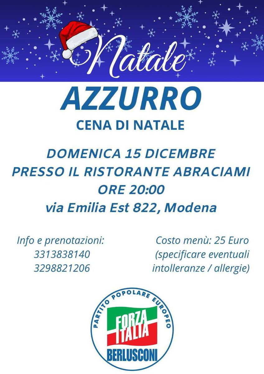 LoreCavazz's tweet photo. Carissimi,

Vi informo che, nella giornata di Domenica 15 Dicembre, come @forza_italia Modena abbiamo organizzato una cena pre-natalizia, così da poterci vedere e salutare prima dell’avvento delle festività.

Partecipate numerosi, e ci vediamo Domenica 👍👍👍 https://t.co/CNSEUdWXDM