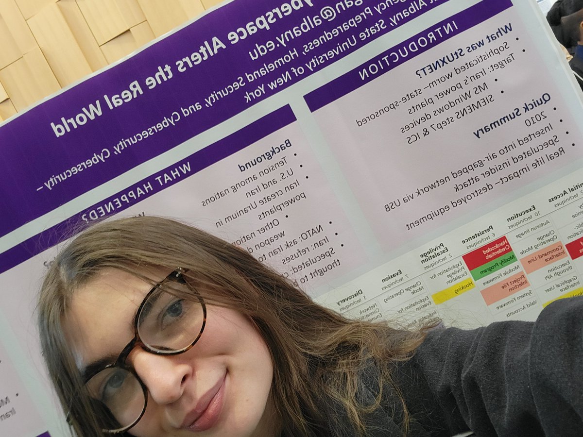 UAlbanyCEHC's tweet photo. Congrats to Ellise Dugan! Her poster, STUXNET: When Cyberspace Alters the Real World, was recognized as Best-in-Class by EPRI for excellence in Power Generation OT Cybersecurity. A proud moment for CYBR200 Fall 2024! #Cybersecurity #PowerGeneration #StudentSuccess https://t.co/IRD5cIOEg0