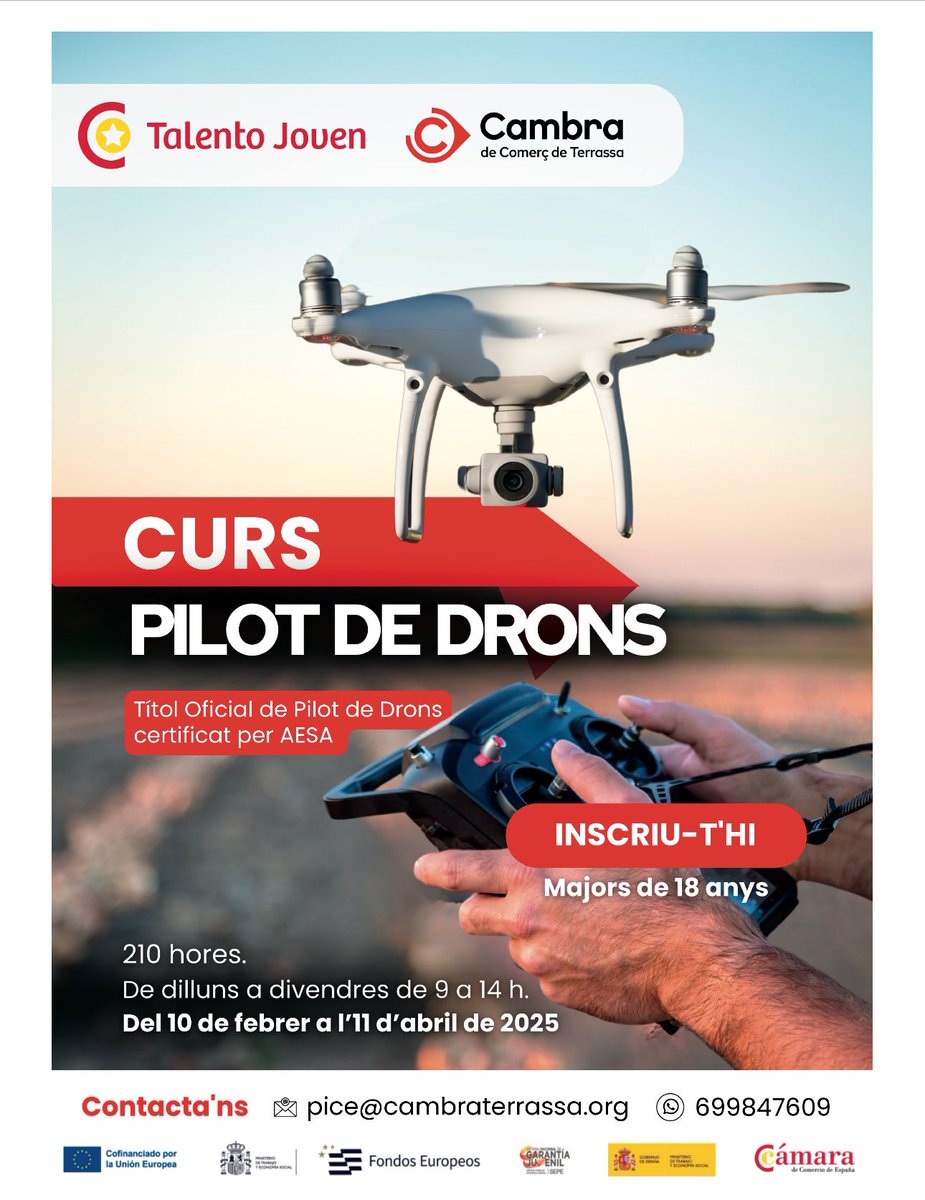 “🤝 En colaboración con la Cambra de Terrassa, en X-DRONE reforzamos nuestro compromiso con la excelencia, ofreciendo cursos de drones diseñados para formar a los mejores pilotos y liderar la innovación en el sector. 🚁✨” #xdrone #cursos #dji #aesa