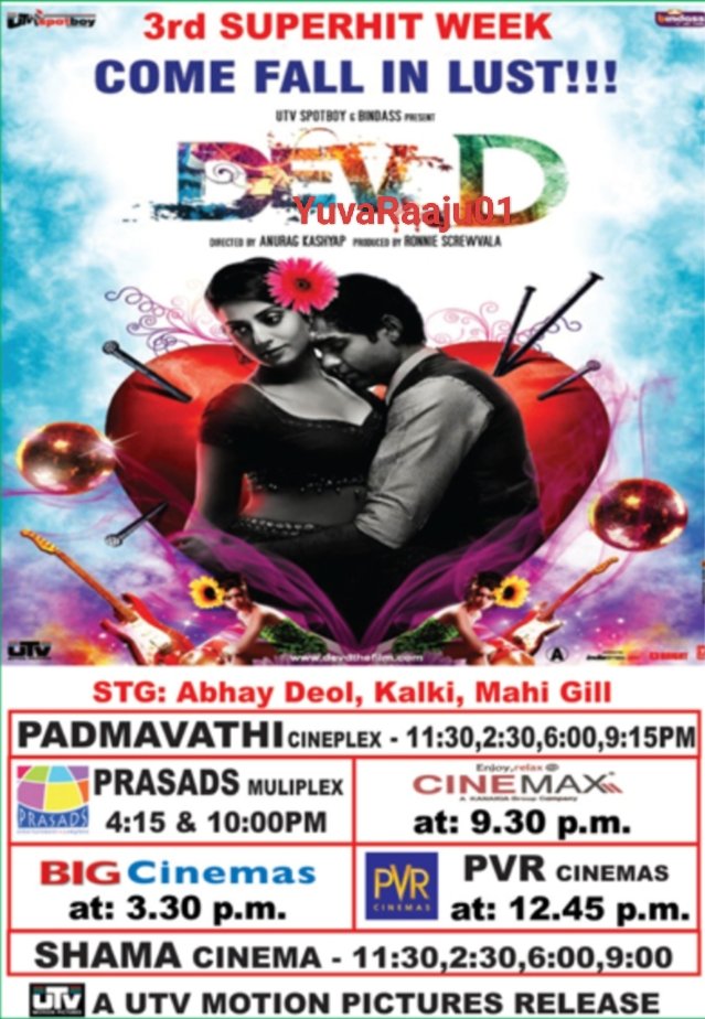 YuvaRaaju01's tweet photo. #15YearsOfDevD
Starring: @AbhayDeol
Directed by: @anuragkashyap72
Watched in SAPTHAGIRI 70MM
Hyd - PADMAVATHI 35MM - 49DAYS RUN 👌💥 Replaced with #Videsh
Secbad - NO RLS https://t.co/9mjKJuebIj