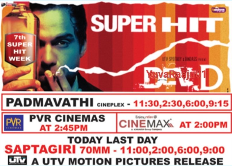 YuvaRaaju01's tweet photo. #15YearsOfDevD
Starring: @AbhayDeol
Directed by: @anuragkashyap72
Watched in SAPTHAGIRI 70MM
Hyd - PADMAVATHI 35MM - 49DAYS RUN 👌💥 Replaced with #Videsh
Secbad - NO RLS https://t.co/9mjKJuebIj