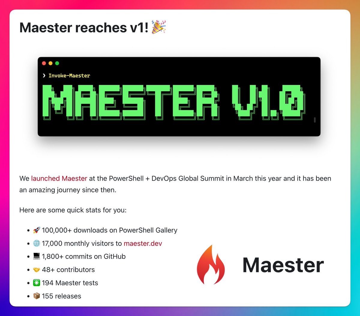 Folks we are super excited to announce the launch of Maester v1!

To celebrate 🎉 🍾 we are joining the EMS community Discord for an AMA. 

discord.com/channels/10080…

Read more at maester.dev/blog/maester-v1