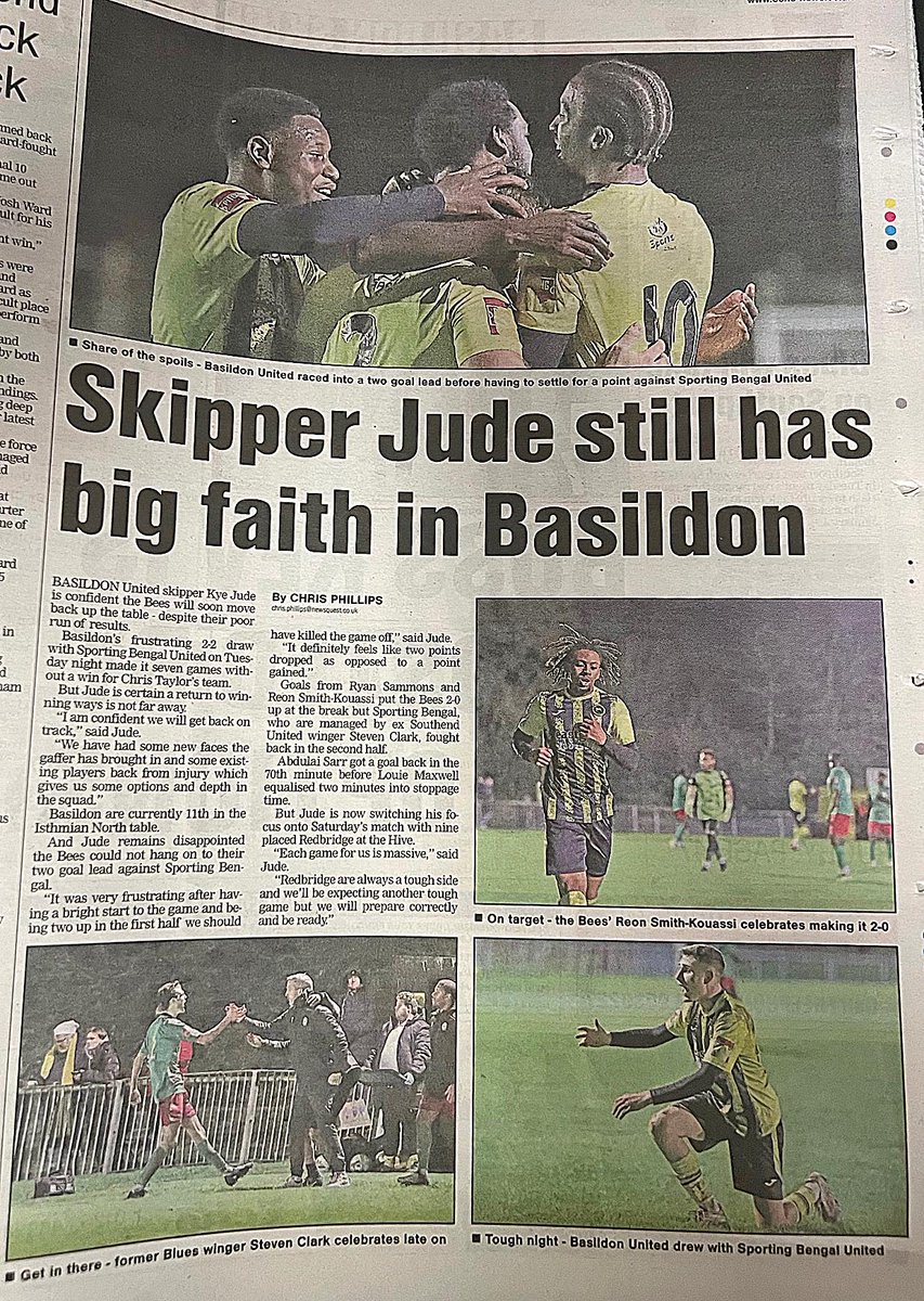 Another great Page Lead article by <a href="/CJPhillips1982/">Chris Phillips</a> in today's <a href="/Essex_Echo/">Essex Echo</a> on <a href="/BasUtdFC/">Basildon United Football Club 🐝</a>' s 2-2 draw with <a href="/SportingBengal/">Sporting Bengal Utd FC</a> in the <a href="/IsthmianLeague/">The Pitching In Isthmian League</a> North @ChairBas <a href="/Kyejude/">kye jude</a> #LovePhotography