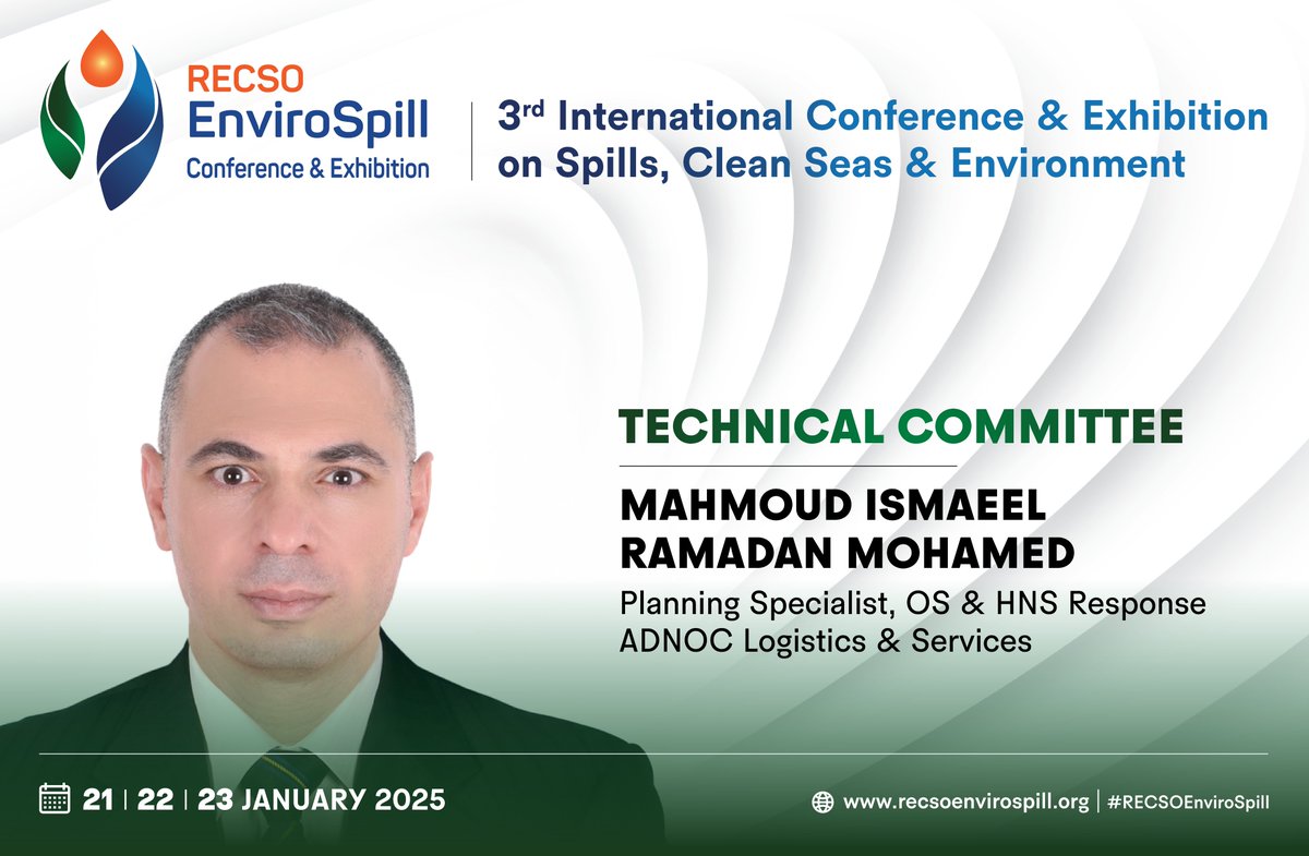 envirospill's tweet image. We are honored to have Mahmoud Ismaeel Ramadan Mohamed, Planning Specialist, OS &amp;amp; HNS Response at @AdnocLs, as a part of the Technical Committee for the #RECSOEnviroSpill2025.

#RECSOEnviroSpill #TechnicalCommittee #ADNOC #CleanSeas #Sustainability #NexusGroup #NexusEvents