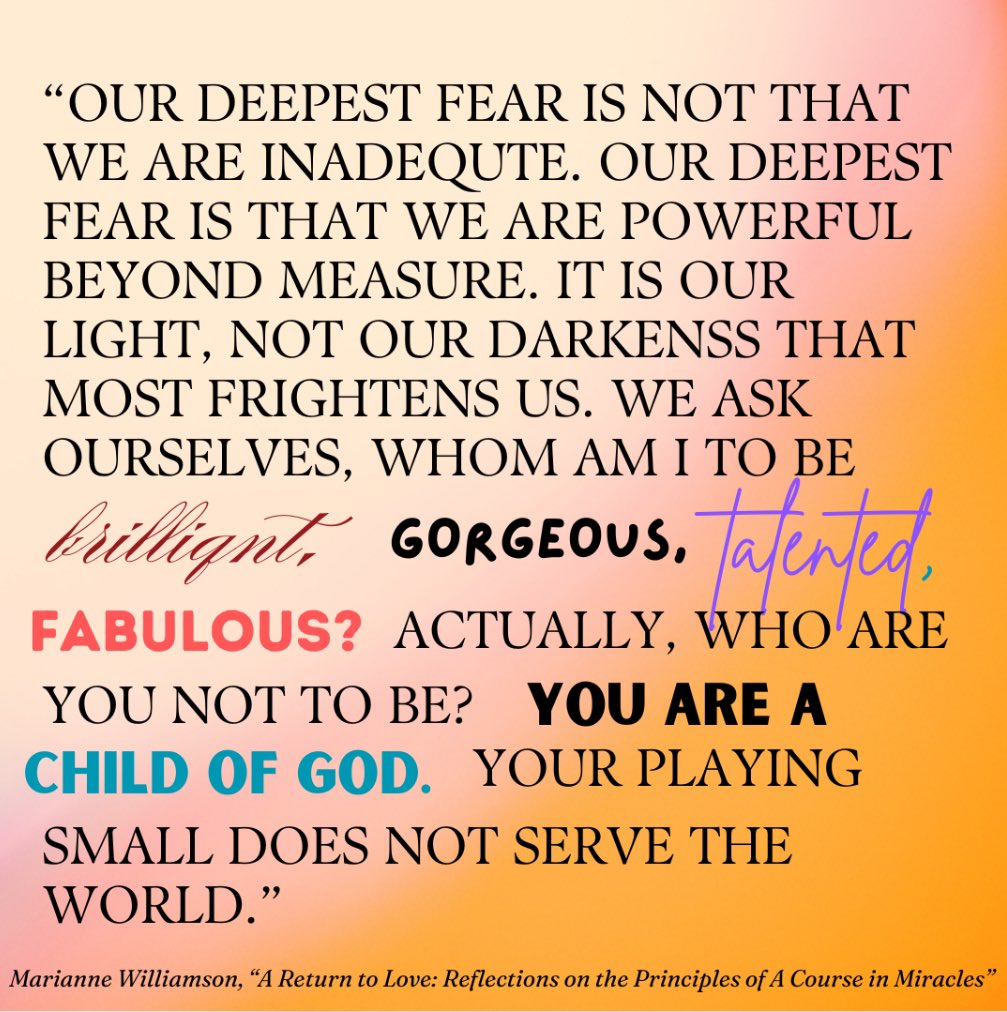 Well, I have a new favourite quote.  Written by Maryanne Williamson in her 1992 book, A Return to Love. <a href="/marwilliamson/">Marianne Williamson</a>